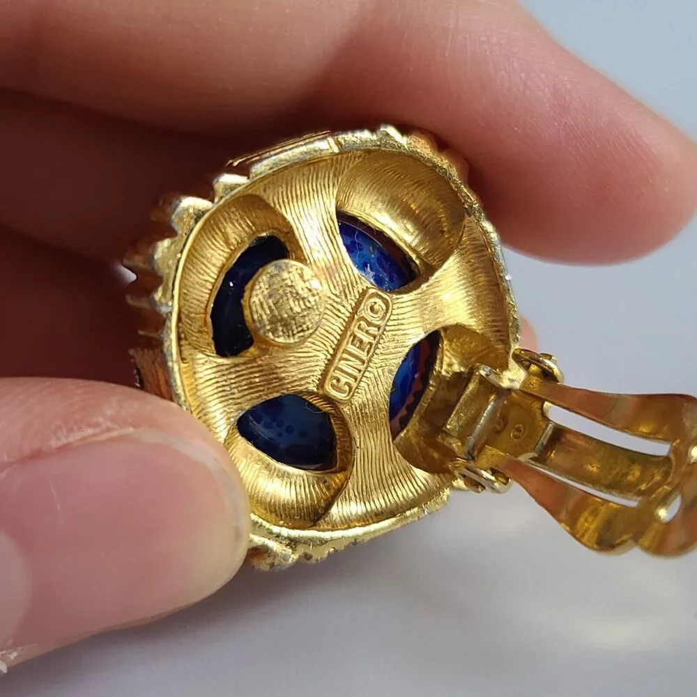 Ciner Glass Blue Lapis Lazuli Cabochon Gold Tone Clip Earrings Retro Large Huge - Picture 3 of 8
